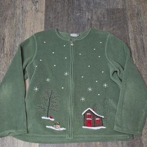 Green Fleece Cardigan with Winter Scene Embroidery